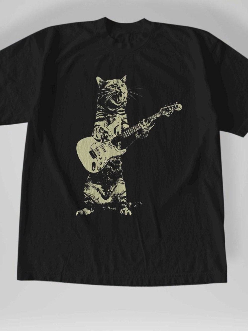 Gildan Black Tee Guitar-Playing Cat Graphic